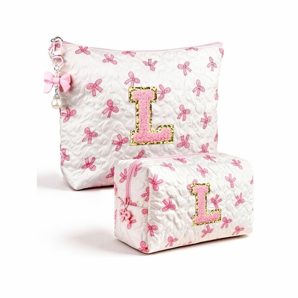 Personalized Bow Print Makeup Bag Set | Initial Cosmetic Pouches (2-Pack) - Picture 3 of 4